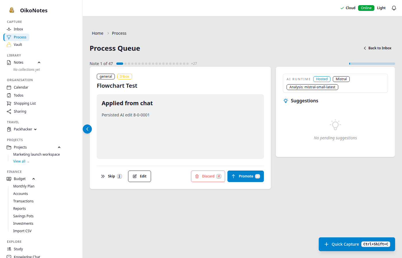 OikoNotes AI review queue with pending suggestions and apply controls.