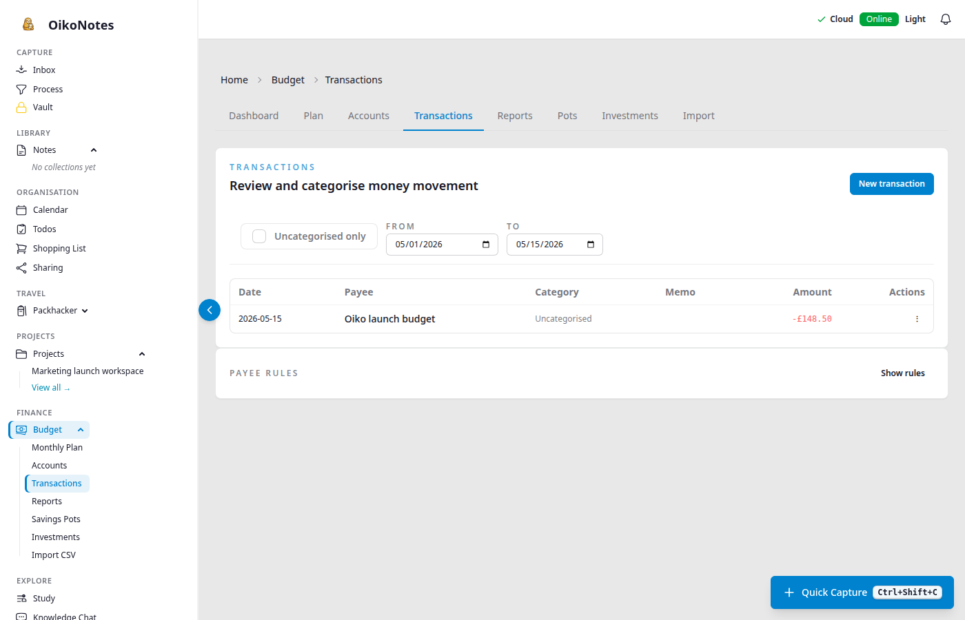 OikoNotes budget transactions with account activity, filters, and categorisation controls.
