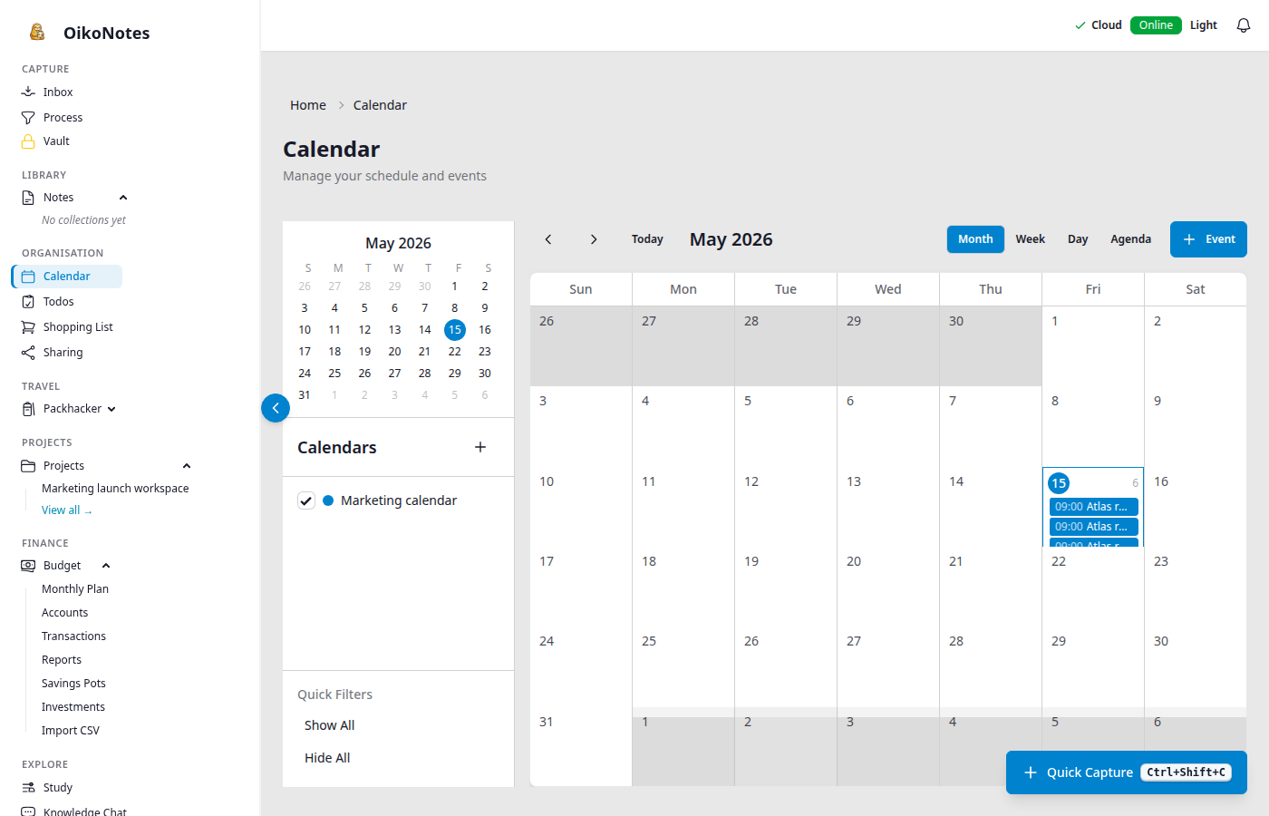 OikoNotes calendar with events, agenda details, and planning controls.
