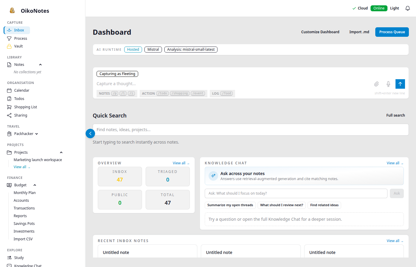 OikoNotes inbox with captured notes, tasks, and processing controls.