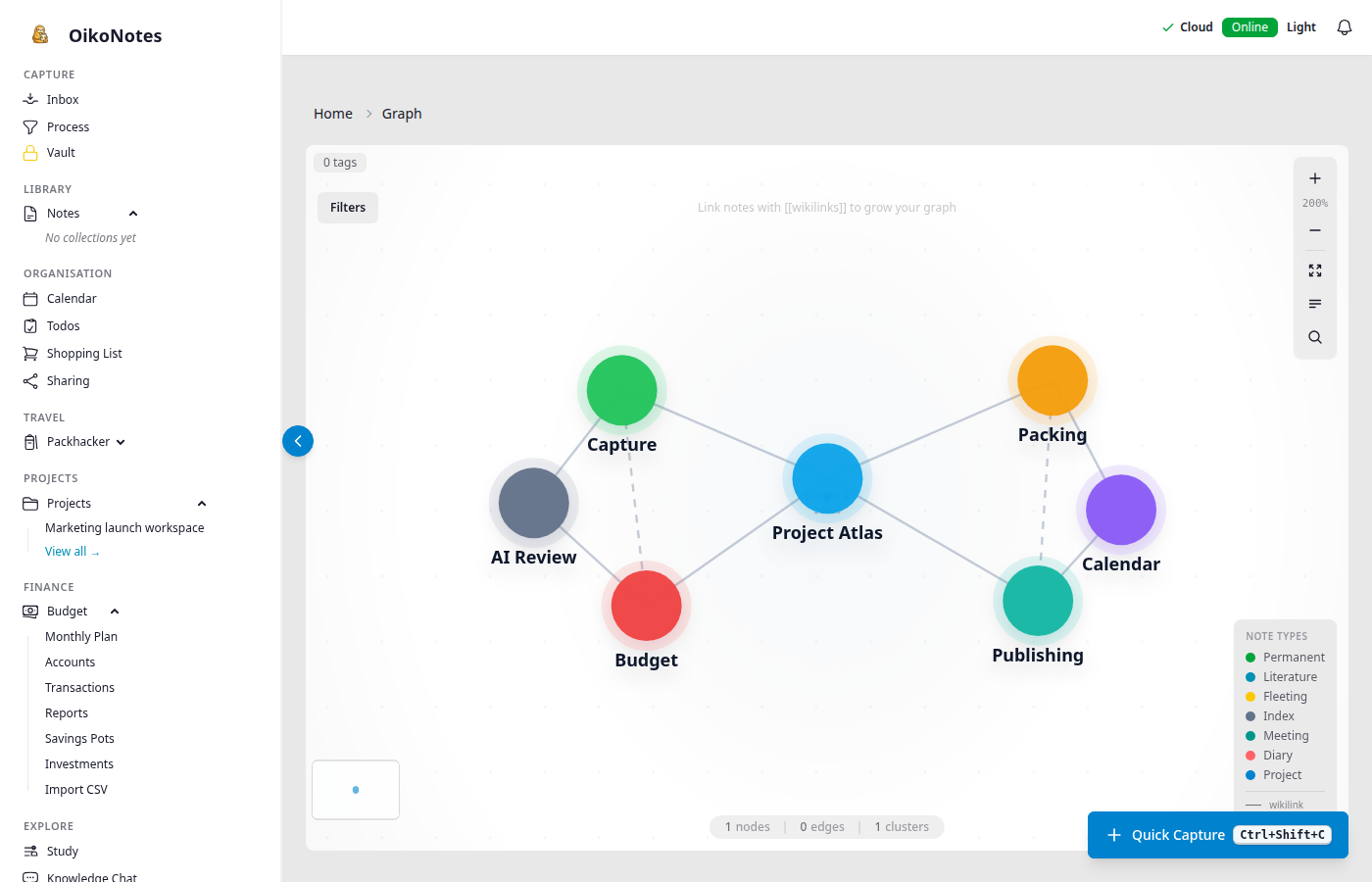 OikoNotes knowledge graph with linked notes and discovery filters.