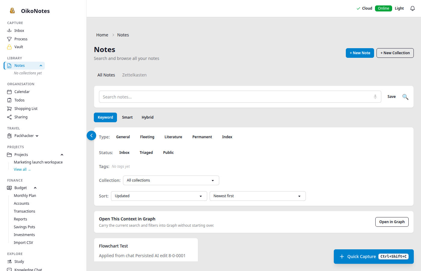 OikoNotes knowledge workspace showing linked notes, tasks, and calendar in one view.