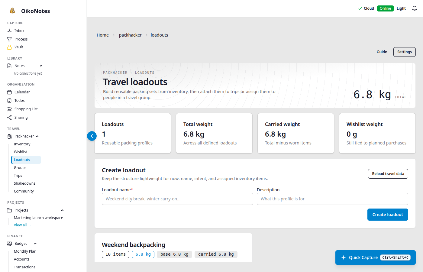 OikoNotes Packhacker loadout with grouped gear and packing status.