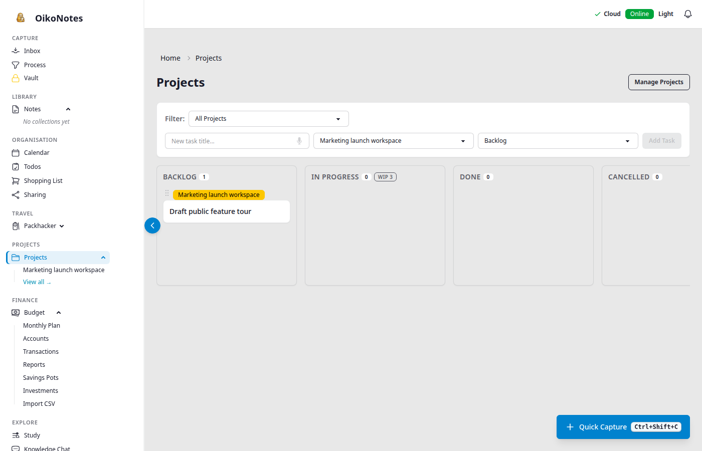 OikoNotes project board with task columns and project planning cards.