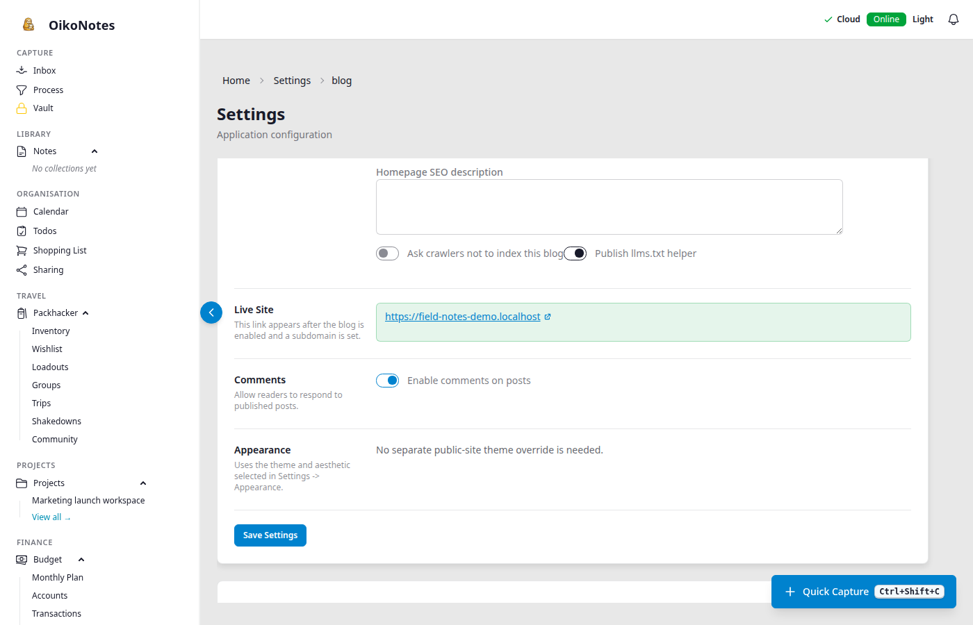 OikoNotes public publishing settings with blog posts and sharing controls.